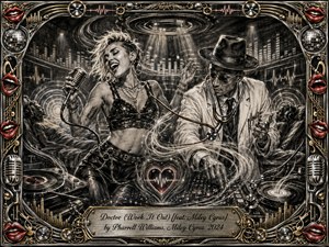 A dynamic charcoal illustration shows a fierce singer and stylish producer-doctor transforming music into healing energy inside a surreal performance clinic. Swirling sound waves, microphones, turntables, heartbeat symbols, and glowing speakers create rhythmic motion. Deep blacks, silver highlights, gold accents, and vivid red lips frame the dramatic, glamorous, retro-futuristic scene.