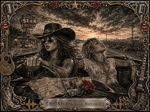 Two rebellious women ride a vintage convertible along a desert highway at sunset, surrounded by distant mountains, telephone poles, and a glowing roadside motel. Deep charcoal textures, smoky shadows, warm sepia light, and selective red and gold accents create an intimate outlaw mood, framed by ornate guitars, roses, microphones, stars, and western details.