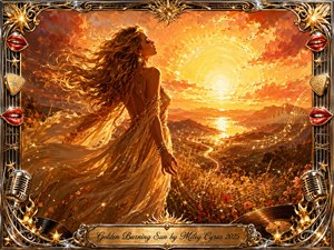 A radiant woman in a flowing golden dress stands before a blazing sunset over mountains and shimmering water, her hair swept dramatically by the wind. Warm amber, copper, and orange light creates an uplifting, dreamlike mood. Ornate chrome-and-gold musical framing, red lips, microphones, vinyl records, and glowing sound-wave details complete the richly textured digital painting.