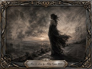 A solitary woman in a windblown black dress stands above a distant glowing landscape beneath turbulent charcoal skies. Deep feathered blacks, smoky grays, and warm sepia light create a haunting, reflective mood. Ghostlike memories and handwritten traces drift through the background, framed by ornate chrome, gold filigree, roses, cables, and musical details.