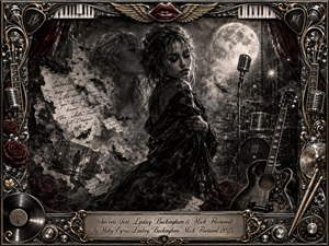 A mysterious woman stands in a moonlit, smoke-filled rock stage, surrounded by drifting feathers, torn handwritten notes, guitars, drums, and vintage microphones. Deep charcoal textures, silver-gray shadows, crimson roses, and warm gold highlights create a secretive, romantic mood. An ornate musical frame and engraved title plate complete the dramatic gothic composition.
