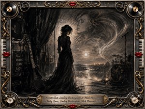 A solitary woman in a flowing black gown stands between a shadowed backstage area and a moonlit horizon, surrounded by guitar, drums, microphone, cables, and swirling charcoal smoke. Deep blacks, silver-gray highlights, and warm gold accents create a mysterious, reflective mood, framed by ornate musical hardware, vinyl records, red lips, and engraved metalwork.