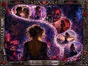 A glamorous woman stands amid a neon-lit nightscape as luminous feathered bubbles sweep in an S-curve through scenes of romance, danger, performance, freedom, and reflection. Deep purples, crimson, electric pink, chrome, and gold glow dramatically. Painterly textures, rose petals, fractured reflections, microphones, guitars, red lips, and ornate metallic framing heighten the seductive, bittersweet mood.