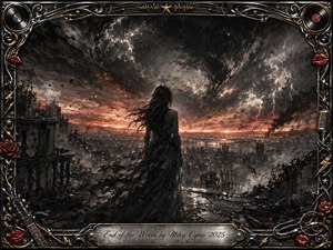 A lone woman stands before a ruined city beneath a violently swirling sky, creating a haunting, reflective sense of finality. Deep feathered charcoal textures dominate, accented by ember-red horizons, lightning, smoke, and scattered lights. An ornate chrome-and-gold music-themed frame surrounds the cinematic scene, with roses, records, cables, and engraved title plate.