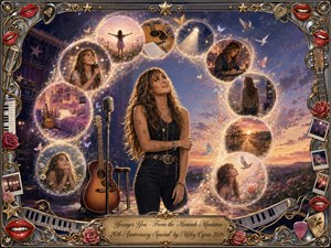 A reflective female singer stands beside a microphone and acoustic guitar, surrounded by glowing memory bubbles flowing in an S-curve through a dreamy twilight landscape. Warm gold, lavender, rose, and blue tones create a nostalgic, hopeful mood. Ornate chrome-and-gold musical framing, roses, red lips, piano keys, stars, and photographs enrich the painterly composition.