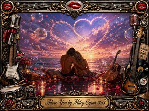 A romantic couple embraces beside a glowing ocean sunset beneath a heart-shaped cloud, surrounded by floating bubbles, rose petals, candles, and guitars. Rich purples, pinks, golds, and reds create a dreamy, passionate mood. An ornate rock-inspired frame features microphones, instruments, records, roses, chrome details, and an engraved title plate.