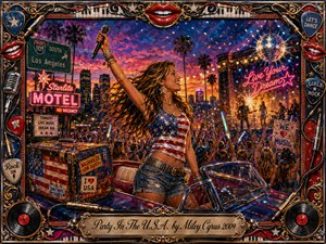 A joyful young singer raises a microphone beside a gleaming convertible at a lively Los Angeles street concert. Neon signs, palm trees, confetti, crowds, and a glowing sunset create an energetic, celebratory mood. Rich acrylic textures blend red, blue, gold, and violet tones, framed by ornate music-themed chrome and gold details.