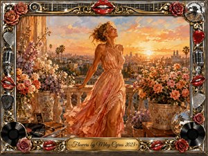 A radiant woman in a flowing coral dress stands on a flower-filled balcony at sunset, overlooking a glowing city skyline. Warm gold, peach, and rose tones create a confident, liberated mood. Rich painterly textures, dramatic light, roses, vinyl records, microphones, red lips, and ornate chrome-gold framing complete the celebratory composition.