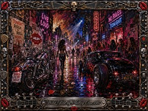 A rain-soaked neon boulevard erupts with rebellious 1980s rock energy, framed by chrome, gold, skulls, guitar strings, picks, and crimson lips. A motorcycle, flaming hot rod, nightlife silhouettes, and glowing signs fill the dramatic perspective. Thick acrylic-like brushwork, vivid reds, blues, pinks, and reflections create a dangerous, electrifying mood.