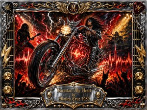 A chrome motorcycle surges through a fiery rock concert, powered by a glowing red heart-like engine as lightning, sparks, and sound waves explode around it. Guitarist and drummer silhouettes flank the rider beneath blazing stage lights. Rich reds, blacks, golds, and silver create a fierce acrylic-painted spectacle framed with ornate metalwork.