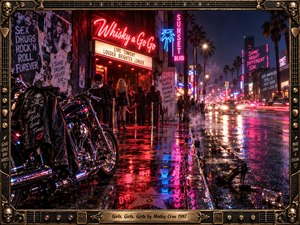 A chrome motorcycle rests outside a bustling Sunset Strip nightclub beneath blazing red neon, while leather-clad revelers gather under palm trees. Rain-slick pavement mirrors pink, blue, and violet lights as traffic streaks into the smoky distance. An ornate, guitar-inspired metal frame completes this gritty, cinematic portrait of 1980s excess.