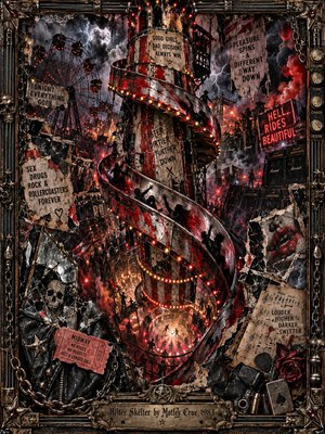 A towering carnival slide spirals into a fiery abyss beneath stormy skies, surrounded by shattered mirrors, torn posters, and looming amplifiers. Crimson lights illuminate tumbling silhouettes amid smoke and wreckage. Ornate metalwork, tangled chains, and weathered textures intensify the sinister atmosphere of this dramatic, chaotic, 1980s inspired rock collage.