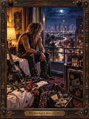 A weary, long-haired rock musician sits in a dim hotel room, gazing across a moonlit city skyline and winding highways. Warm amber lamplight contrasts with deep blue night skies. Scattered roses, a battered guitar, and travel cases evoke loneliness and longing in this richly textured oil painting framed with ornate metalwork.