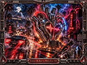 A colossal chrome engine shaped like a beating heart blazes above a rain-soaked Sunset Strip, surrounded by neon clubs, palm trees, speeding cars, and lightning. Crimson and electric blue reflections ignite the smoky night in a dramatic digital painting, enclosed by an ornate guitar-inspired metal frame with engraved title plate.