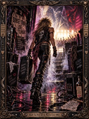 A leather-clad rocker strides through a smoky backstage corridor toward a dazzling concert crowd. Crimson and violet lights shimmer across wet floors, battered equipment, and tangled cables. Angelic and demonic figures loom above the stage, while an ornate skull-studded metal frame surrounds this dramatic, richly detailed painting of reckless 1980s glamour.