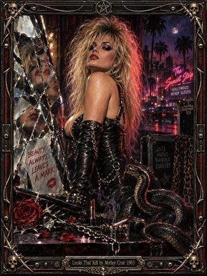 A fierce blonde woman in studded black leather dominates a dramatic oil painting, her reflection fractured in a shattered mirror. Crimson roses, a coiled snake, and scattered lipstick suggest seductive danger. Neon pink and violet illuminate a rain-slick 1980s Hollywood street beyond, enclosed by an ornate skull-studded metal frame.