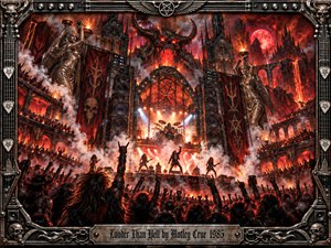 A thunderous rock concert erupts inside a fiery gothic cathedral, where musicians perform beneath a towering horned demon. Crimson flames, swirling smoke, colossal speakers, and cheering crowds create an electrifying atmosphere. Dramatic lighting illuminates bronze statues and sinister architecture, while an intricately detailed metallic frame completes the dark fantasy painting.
