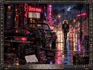 A lone leather-clad rocker walks away along a rain-soaked 1980s Sunset Strip, leaving a black convertible, wilted rose, and guitar case behind. Pink and blue neon shimmer across wet pavement beneath stormy skies. Cinematic photographic realism, smoky shadows, and a rugged metallic guitar-themed frame evoke rebellious heartbreak and bittersweet freedom.