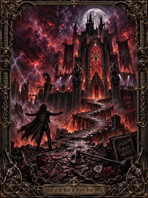 A defiant leather-clad figure faces a towering gothic fortress beneath a blood-red storm sky. Lightning cuts through purple clouds surrounding a ghostly demonic face and pale moon. A broken stone path winds past chains, roses, and abandoned stage equipment. Fiery light and ornate metallic framing intensify the dark, rebellious digital painting.