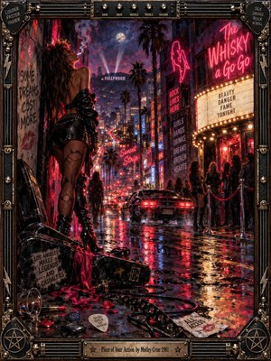 A leather-clad woman overlooks a rain-soaked Sunset Strip glowing with crimson neon and violet moonlight. Palm trees, smoky nightclubs, speeding cars, and shadowy revelers evoke reckless 1980s glamour. Scattered musical accessories and shimmering reflections enrich the dramatic oil painting, enclosed within an ornate, guitar-inspired metallic frame.