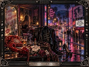 A solitary woman overlooks a rain-soaked Sunset Strip, where neon signs and headlights illuminate the night. A red telephone, whiskey glass, wilted rose, and discarded heel evoke restless romance and repetition. Rich pink, blue, and amber reflections enhance this atmospheric painting, surrounded by an ornate black-and-chrome guitar-inspired frame.
