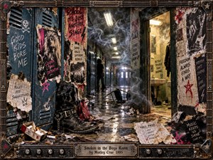 A smoke-filled school hallway becomes a rebellious 1980s rock sanctuary, its battered blue lockers covered in torn posters and graffiti. Scuffed boots, scattered papers, and a toppled chair litter gleaming tiles beneath harsh fluorescent lights. Swirling haze, crimson accents, gritty collage textures, and a guitar-inspired metal frame evoke restless defiance.