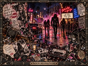 Four leather-clad rockers stride down a rain-soaked Sunset Strip beneath blazing pink and blue neon lights. Torn posters, shattered mirrors, spilled whiskey, and tangled cassette tape crowd the foreground, recalling rocks reckless excess. The gritty mixed-media collage glows with electric color, framed by studded metal and guitar strings.