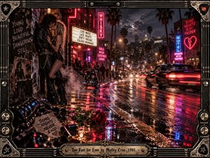 A leather-clad couple embraces beside a rain-soaked boulevard alive with speeding cars, motorcycles, and glowing nightclub signs. Crimson, magenta, and electric blue reflections illuminate the rebellious 1980s nightlife. A fallen rose and broken neon heart suggest dangerous romance. Cinematic photography captures the scene within an ornate guitar-inspired metallic frame.
