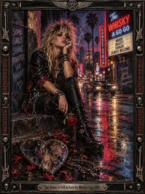 A rebellious blonde rocker sits beneath glowing Sunset Strip neon, surrounded by wet pavement, scattered rose petals, and a shattered heart-shaped mirror. Crimson, violet, and amber reflections illuminate the moody 1980s nightlife scene. Rich oil painting textures and an ornate guitar-inspired metal frame evoke dangerous romance, youthful defiance, and heartbreak.