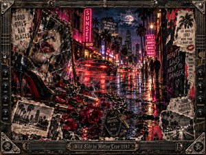 A rain-soaked Los Angeles boulevard glows with red and magenta neon beneath a stormy moonlit sky. Shattered mirrors, a black stiletto, scattered roses, chains, and torn posters evoke 1980s glam rock excess. Shadowy figures and speeding cars deepen the dangerous atmosphere, framed by weathered metal, guitar strings, and engraved lettering.
