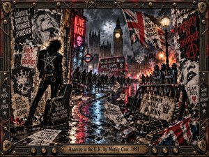 A leather-clad rebel overlooks a rain-soaked London street alive with protesters, riot police, fire, and flying posters. Big Ben rises beneath storm clouds, while crimson neon and blue reflections slice through the darkness. Torn-paper collage textures, graffiti, and a riveted metal frame amplify the defiant, chaotic punk atmosphere.
