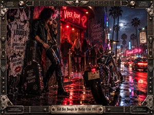 A leather-clad rocker smokes beside a chrome motorcycle outside a glowing Sunset Strip nightclub. Crimson neon spills across rain-soaked pavement while palm silhouettes and blurred traffic recede beneath a moonlit sky. The gritty cinematic photograph pulses with decadent 1980s rebellion, enclosed by a riveted guitar-themed metal frame and engraved title plate.