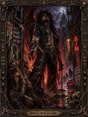 A towering leather-clad rocker dominates a decaying urban alley, surrounded by skulls, chains, shattered architecture, and shadowy figures. Fiery crimson light contrasts with cold moonlight across rain-soaked streets. Rich oil-painted textures, gothic details, and an ornate guitar-inspired metal frame create a menacing atmosphere of rebellion, corruption, and darkness.