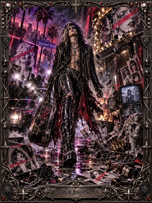 A defiant leather-clad rocker strides through a shattered Sunset Strip streetscape, surrounded by slashed posters, paparazzi flashes, flames, and scattered records. Purple and crimson neon illuminate wet pavement beneath swirling smoke. Dramatic digital surrealism blends glam-metal excess with dystopian chaos, enclosed in an ornate skull-studded gunmetal frame and engraved title plate.