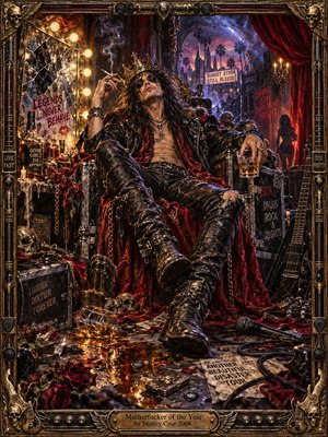 A crowned glam-metal rebel lounges on a battered backstage throne amid shattered mirrors, wilted roses, skulls, whiskey, and scattered instruments. Crimson velvet, smoky violet shadows, and golden lights create a decadent, rebellious atmosphere. Rich painterly textures, dramatic contrasts, and an ornate metallic guitar-themed frame capture the reckless glamour of rock excess.