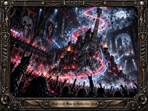 A towering electric guitar rises from a fortress of speakers inside an industrial cathedral, surrounded by roaring fans and swirling crimson and blue energy. Moonlight, flames, and smoky spotlights illuminate steel scaffolding and flying debris. Intricate skull-studded metalwork frames this dramatic, rebellious digital fantasy, anchored by an engraved brass title plate.