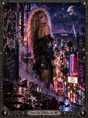 A teased-haired rocker in studded black leather gazes over her shoulder above a rain-slick Hollywood boulevard. Neon magenta and violet lights shimmer through smoke beneath a moonlit, star-filled sky. The cinematic digital artwork balances seductive glamour with loneliness, framed by ornate gunmetal guitar hardware and an engraved title plate.