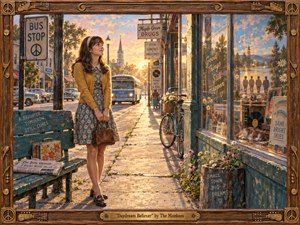 A hopeful young woman waits beside a vintage small-town bus stop at golden hour, surrounded by weathered storefronts, flowers, bicycles, records, and period cars. Warm amber light softens the nostalgic scene, blending optimism with wistful reflection. Painterly textures, faded teal wood, floral details, and a handcrafted musical frame evoke bright 1960s daydreaming.