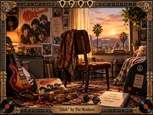 A nostalgic 1960s music room glows in warm sunset light, filled with guitars, records, photographs, a tambourine, patterned fabric, and worn furnishings. Rich amber, red, and brown tones create a reflective, playful mood, while the Hollywood view, ornate instrument-themed frame, and brass title plate give the handcrafted scene vivid period character.