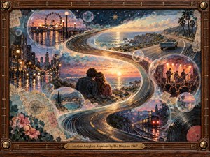 A richly textured mixed-media vision follows an S-curving road through shifting memories of city streets, ocean cliffs, rail travel, romance, and live music. Warm sunset oranges contrast with deep midnight blues, while glowing bubbles preserve fleeting moments. Vintage maps, records, and a carved wooden frame evoke nostalgic 1967 wanderlust.
