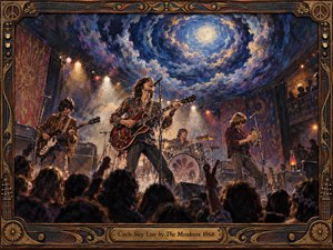 A psychedelic 1960s rock concert erupts beneath a swirling blue and violet sky, with four musicians performing before a shadowed crowd. Warm amber spotlights cut through smoky air, illuminating guitars, drums, patterned clothing, and ornate stage details. Rich painterly textures and a carved wooden frame create a dramatic vintage atmosphere.