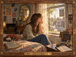A thoughtful young woman sits beside a sunlit bedroom window, surrounded by floral fabrics, records, photographs, and warm vintage details. Golden afternoon light fills the nostalgic 1960s interior, blending soft browns, creams, blues, and orange accents. The richly textured painterly scene feels dreamy, hopeful, intimate, and gently wistful.
