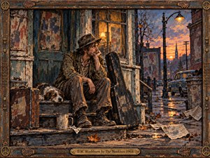 A weary man sits on a crumbling city stoop beside a scruffy dog and battered guitar case, surrounded by peeling paint, wet pavement, scattered leaves, and aging cars. Warm sunset light contrasts with cool blue shadows, creating a reflective, bittersweet mood. Textured painterly detail and a weathered musical frame reinforce the late-1960s atmosphere.