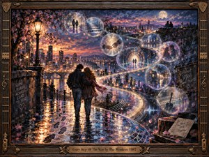 A couple walks together along a rain-slicked city promenade beneath glowing lamps and flowering branches, surrounded by a sweeping ribbon of light and translucent memory bubbles. Deep blues, violet skies, warm amber reflections, and a luminous moon create a romantic, hopeful mood within richly detailed painterly textures and an ornate bronze frame.