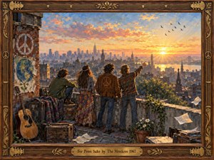 Four young figures gather on a weathered rooftop overlooking a sprawling city at golden sunset, surrounded by peace symbols, flowers, scattered papers, and an acoustic guitar. Warm orange light, blue shadows, rustic textures, and richly painted details create an optimistic 1960s atmosphere of freedom, friendship, reflection, and possibility.