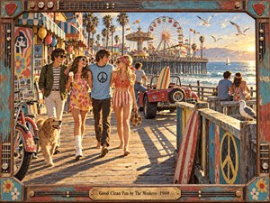 A cheerful group of young friends strolls along a sunlit seaside pier, surrounded by bicycles, surfboards, carnival rides, palm trees, and sparkling ocean water. Warm golden light, weathered wood, bright retro colors, and playful 1960s details create an easygoing, nostalgic mood within a handcrafted decorative frame.