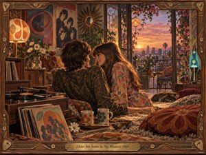 A warmly lit late-1960s apartment frames a young couple sharing an intimate moment beside a record player, patterned cushions, flowers, and glowing lamps. Sunset colors spill across a distant city skyline, blending amber, rose, and violet hues. Rich woodwork, vintage decor, and handcrafted textures create a tender, nostalgic atmosphere.
