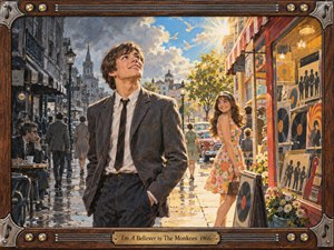 A hopeful young man strides through a rain washed 1960s city street toward bright sunlight, while a smiling woman lingers by a record shop window. Warm gold and cool gray tones divide the scene, rendered in textured painterly detail, with vintage cars, pedestrians, doves, musical decor, and an ornate commemorative frame.