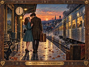 A wistful young couple walks arm in arm along a wet station platform beside a gleaming night train, framed by autumn leaves, luggage, and a sunset sky. Warm lamps and glowing windows contrast with cool steel blues, creating a nostalgic, cinematic painting with rich textures, romantic tension, and handcrafted vintage detail.