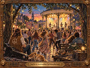 A glowing 1960s town square concert fills the scene, with a lively crowd dancing before a lit gazebo stage at sunset. Warm gold, orange, and blue tones bathe the festive setting, while string lights, peace banners, musicians, a resting dog, and an ornate guitar-themed wooden frame create a nostalgic handcrafted atmosphere.